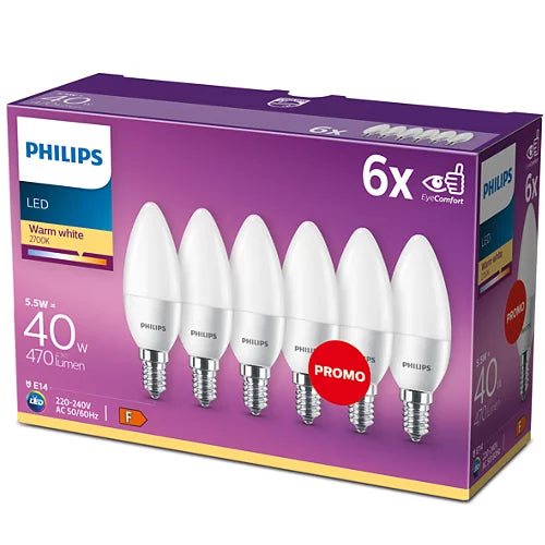 Philips LED 40W E14 Candle Bulb Warm White (QTY 6)