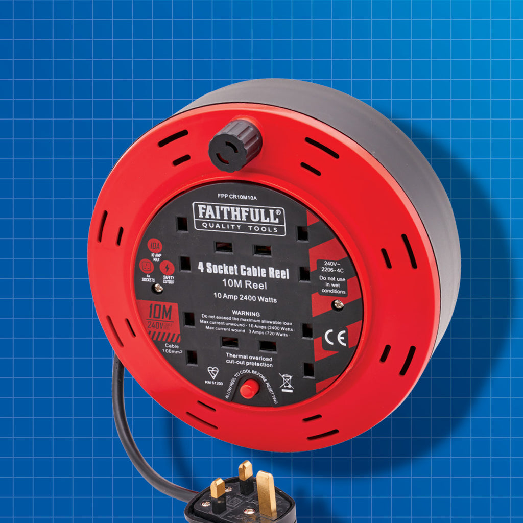 Faithfull 10M CABLE REEL 10A, 4 SOCKETS
