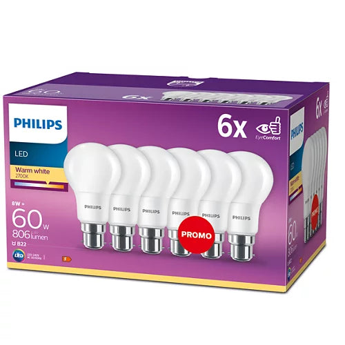 Philips LED 60W B22 Bulb Warm White (QTY 6)