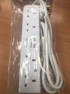 4 Way 2m Extension Socket Lead 2 X USB Rugged