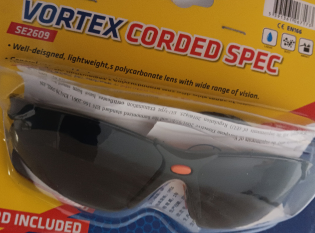 SAFETY GLASSES VORTEX BLACK CORDED Shaded